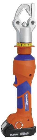 Ein heller orange-blauer hydraulischer Crimpwerkzeug mit einer Makita-Batterie an der Basis, entwickelt zum Schneiden und Crimpen von Kabeln.