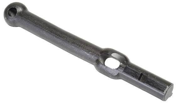 Ein Metallhebelarm mit einer runden Öse an einem Ende und einem flachen, rechteckigen Schaft mit einem Loch am anderen Ende. Er wird in mechanischen Baugruppen verwendet.