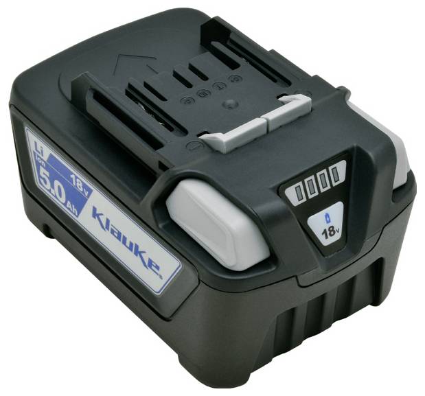 Eine schwarze und graue Klauke 18V 5.0Ah Batterie mit Ladeanzeige und sichtbaren Anschlüssen auf der Oberseite.