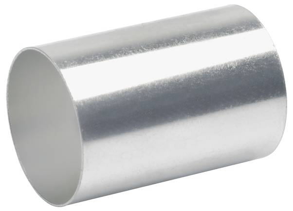 Ein glatter, silberner Metallzylinder, an beiden Enden offen, liegt horizontal. Er reflektiert das Licht und hebt seine glänzende, reflektierende Oberfläche hervor.