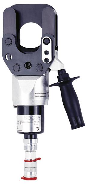 Schwerlast-Hydraulikwerkzeug mit schwarzem Griff und silbernem Gehäuse, für industrielle Anwendungen konzipiert, mit klauenförmigem Kopf.