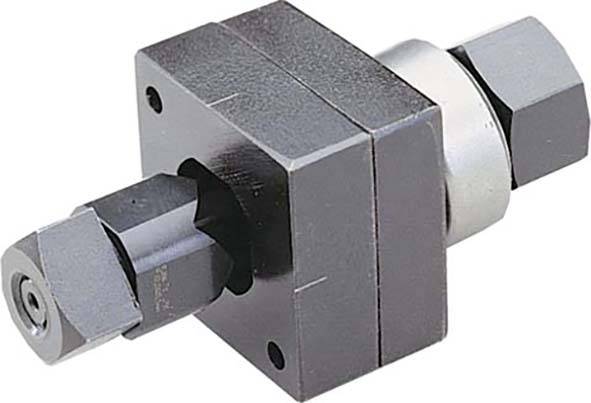 Ein Metallblock mit zylindrischen Komponenten und sechseckigen Enden. Wahrscheinlich ein mechanisches Werkzeug oder eine technische Komponente.