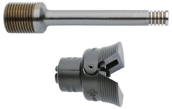 Ein Metallbohrer mit einem gerillten Kopf; darunter ein Zerspanungswerkzeug mit geteiltem Kopf und spitzen Flügeln, wahrscheinlich für Betonbohren verwendet.