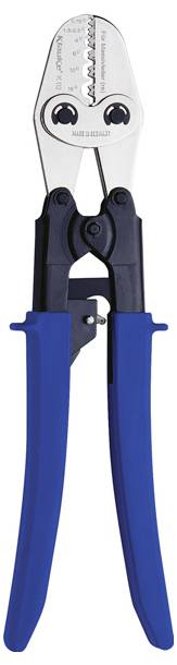 Handzange mit blauen Griffen, entwickelt zum Crimpen von Kabeln.