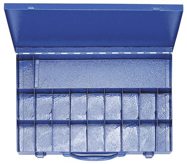 Öffnen Sie die leere blaue Fächerbox mit mehreren Abteilen und einem Griff am unteren Ende.