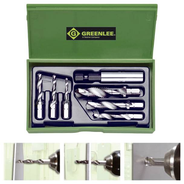Greenlee Bohrer- und Gewindebohrersatz in einer grünen Tasche mit mehreren Anbauteilen. Darunter sind drei Stadien des Bohrens und Gewindeschneidens in Metall dargestellt.