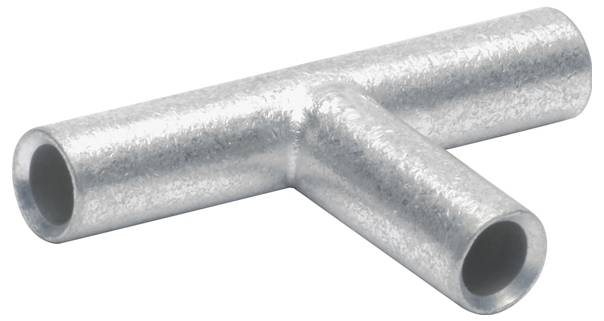 Ein metallischer T-förmiger Rohranschluss, der zum Verbinden zweier Rohre in einem rechten Winkel konzipiert ist.
