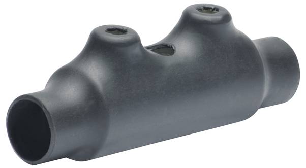 Ein schwarzer, zylindrischer, thermoplastischer Verbinder mit zwei Befestigungslöchern oben, verwendet zum Verbinden von Leitern in elektrischen Systemen.