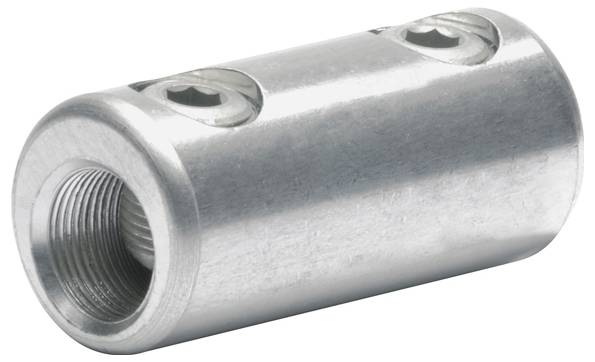 Eine silberne Metallzylinderkupplung mit zwei Gewindeöffnungen zum Befestigen von Komponenten, die typischerweise in Maschinen- oder Rohrleitungssystemen verwendet wird.
