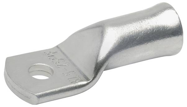 Ein silberner metallischer Kabelschuh mit einer flachen Befestigungsöffnung an einem Ende und einer Crimpmuffe am anderen Ende, verwendet zum Anschluss von elektrischen Leitern.