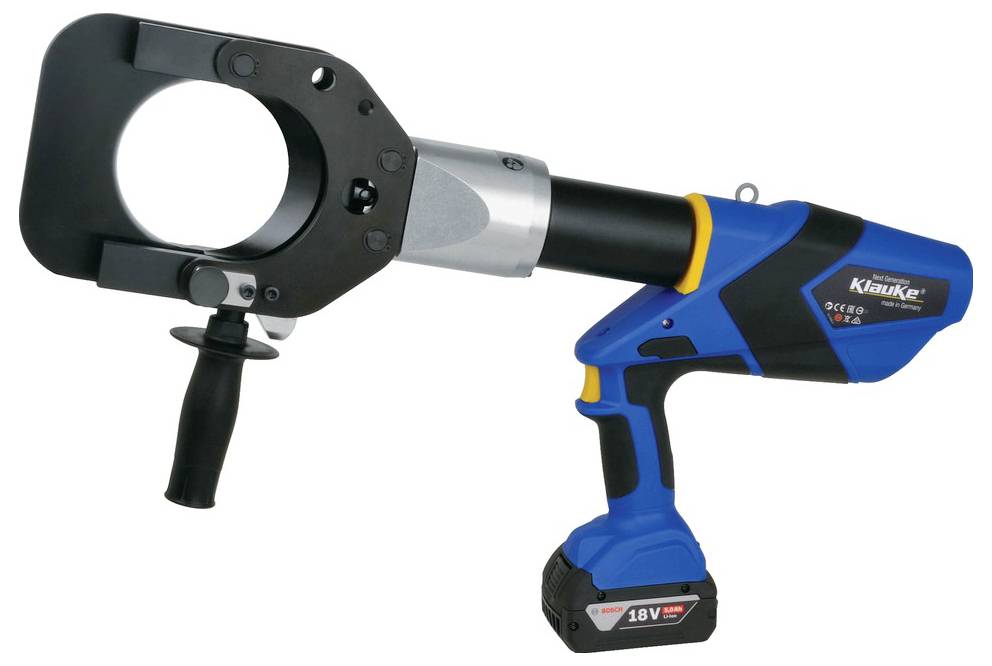 Tragbare hydraulische Crimpzange mit blau-schwarzem Gehäuse, geeignet für das Crimpen großer elektrischer Verbinder; inklusive 18V-Akku.
