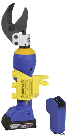 Blauer und gelber kabelloser hydraulischer Kabelschneider, der aufrecht neben seinem Akkupack steht.
