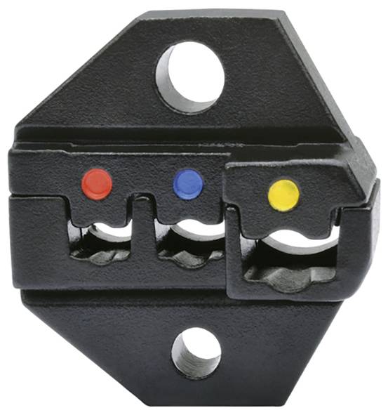 Crimpwerkzeug mit drei farbcodierten Schlitzen für verschiedene Drahtgrößen: rot, blau und gelb. Zwei runde Löcher zur Befestigung.