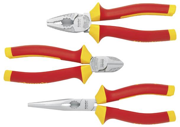 Drei rot-gelbe Griffwerkzeuge: eine Multifunktionszange, eine Seitenschneider und eine Langzange. Alle horizontal angeordnet.