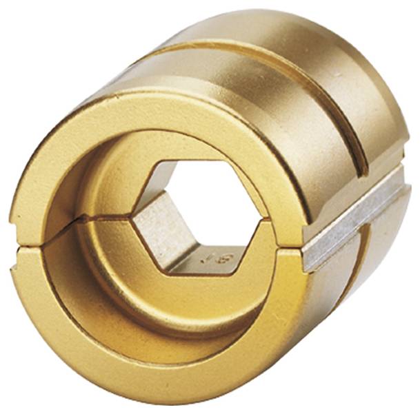 Eine goldfarben metallene Kupplung mit sechseckiger Öffnung, die zum Verbinden von Teilen in Maschinen oder Ausrüstung verwendet wird.