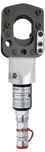 Ein hydraulisches Handwerkzeug mit einem silbernen Gehäuse und schwarzem Kopf, das zum Anziehen oder Lösen von Schrauben in industriellen Umgebungen verwendet wird.