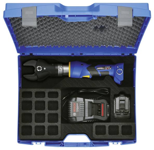 Blauer Werkzeugkoffer mit hydraulischer Crimpzange, Bosch-Ladegerät und Batteriefächern.