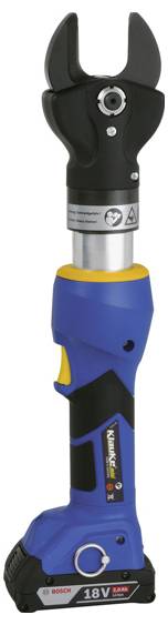 Ein blau-schwarzer, kabelloser hydraulischer Crimpwerkzeug mit 18V-Akku, entwickelt für effizientes Crimpen in elektrischen Anwendungen.