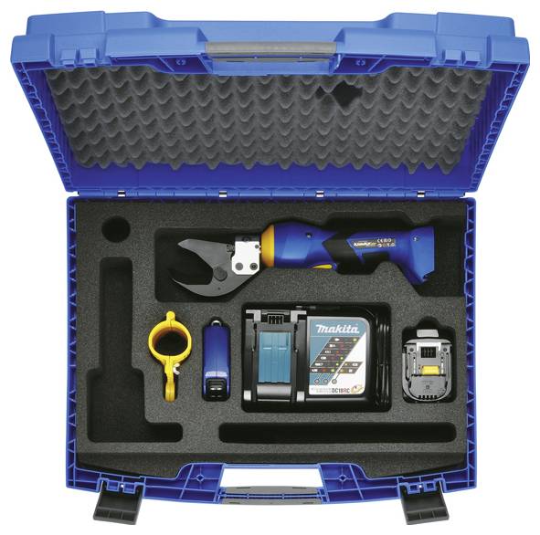 Makita Akku-Hydraulik-Crimpwerkzeug-Set in einem blauen Hartkoffer mit Schaumstoffeinsatz, inklusive Werkzeug, Akku, Ladegerät und Zubehör.