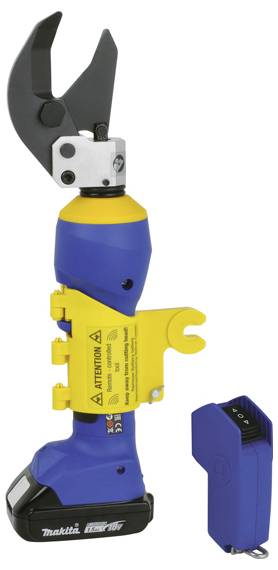 Tragbare hydraulische Crimpzange mit blauem und gelbem Gehäuse, schwarzen Backen und einer separaten blauen Stromversorgungseinheit. Mit Sicherheitsfunktionen ausgestattet.