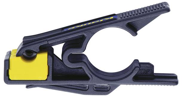 Rohrabschneider aus Kunststoff mit schwarzem Gehäuse und gelber Klinge, entwickelt zum Schneiden von Rohrleitungen; kompaktes und handliches Design.