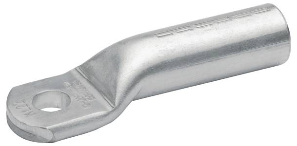 Eine Kabelöse aus Metall mit einem Loch an einem Ende zum Befestigen an einem Anschluss. Das andere Ende ist zylindrisch zum Anbringen von elektrischen Kabeln.