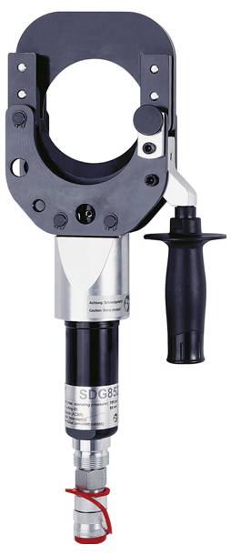 Hydraulische Crimpzange mit schwarzem Griff und Metallkopf, entwickelt zum Verbinden von elektrischen Kabeln.