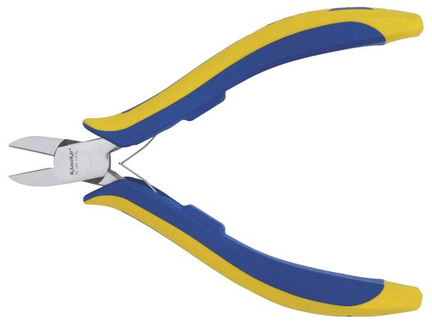 Blau-gelbe Drahtschneider mit gebogenem Griff und silbernen Klingen, die zum Durchtrennen von Drähten oder kleinen Metallmaterialien verwendet werden.