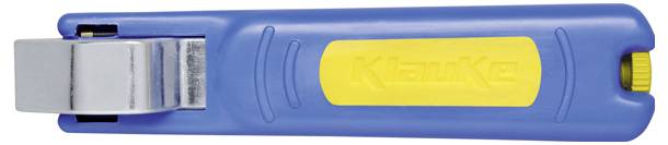 Ein blau-gelbes tragbares Knipex-Werkzeug mit einer glänzenden Metallschneidklinge an einem Ende, das zum Durchtrennen von Drähten oder Kabeln verwendet wird.