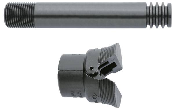 Das obere Bild zeigt eine Metallstange mit gewindeten Enden, während das untere Bild eine mechanische Komponente mit zwei gerillten, abgerundeten Greifbacken darstellt.