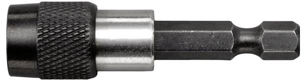 Ein schwarzer und silberner Sechskant-Bithalter mit strukturiertem Griff zum Befestigen von Schraubendreherbits.