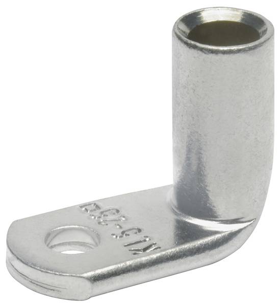 Ein metallischer L-förmiger Verbinder mit einem Loch am flachen Ende und einem gravierten Code auf seiner Oberfläche, der für elektrische Verkabelung verwendet wird.