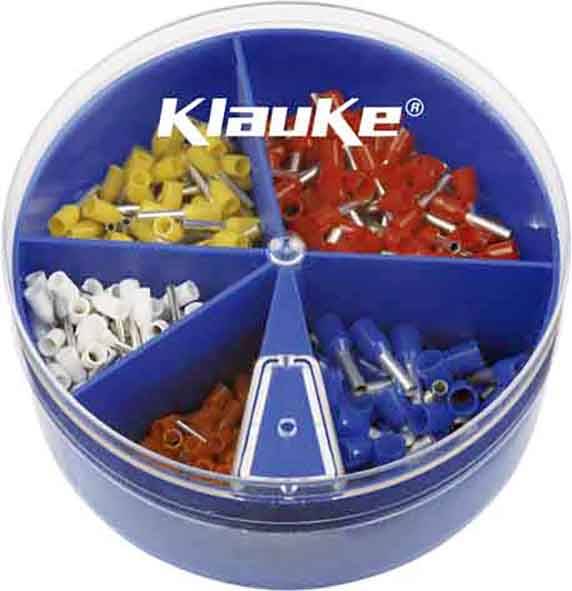 Ein blauer kreisförmiger Behälter, der in sechs Abschnitte unterteilt ist, enthält verschiedenfarbige Leitungsverbinder, darunter gelbe, rote, blaue und weiße.