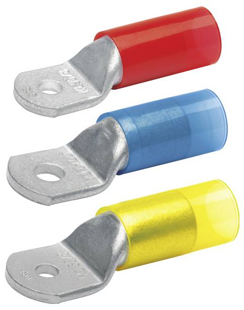 Drei Kabelschuhe aus Metall mit farbigen Isolatoren: rot, blau und gelb. Jeder Kabelschuh verfügt über ein kreisrundes Loch zur Kabelverbindung.