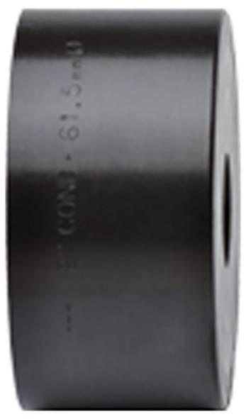 Ein großes, schwarzes, zylindrisches Gummirad mit sichtbarem geprägtem Text an seiner Seite.