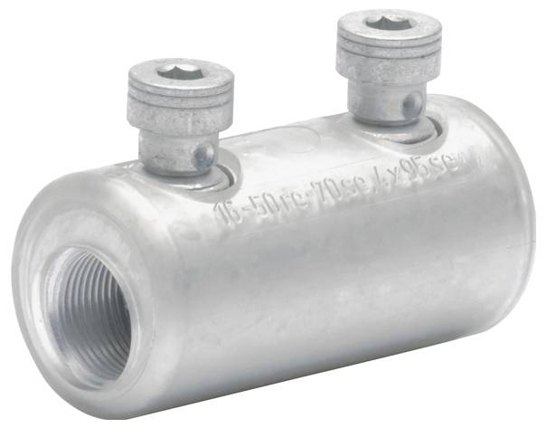 Metallverbinder mit zwei Schraubklemmen, der zum sicheren Verbinden und Erden von Drähten in elektrischen Anwendungen verwendet wird.