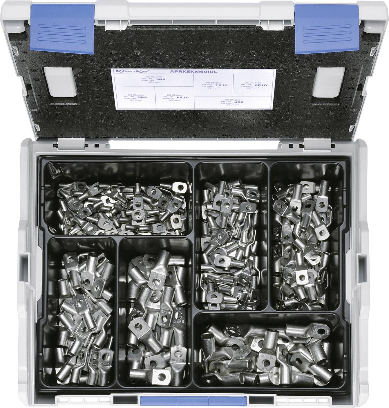 Eine offene Box mit sortierten metallischen Kabelschuhen, die in separaten Fächern angeordnet sind.