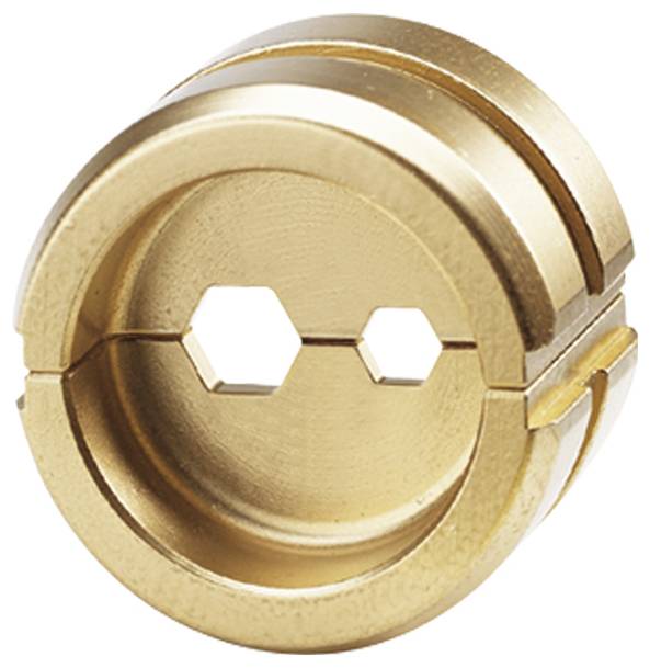 Eine Messingpfeifenmatrize mit sechseckiger, doppelseitiger Ausführung zum Gewindeformen von Rohren. Sie verfügt über zwei sechseckige Öffnungen, mit goldener Metallic-Beschichtung und glatten Kanten.