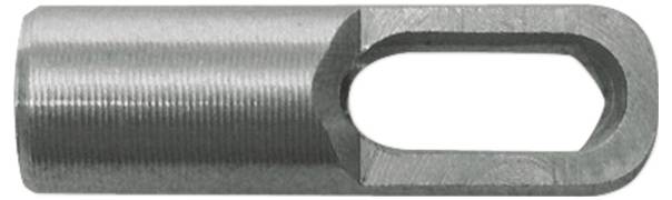 Ein Metallteil, das maschinell bearbeitet wurde, mit einer zylindrischen Form und einem rechteckigen Hohlraum an einem Ende, wobei Details der Oberflächenstruktur sichtbar sind.