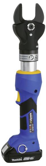 Kabellose hydraulische Crimpzange mit blau-schwarzem Gehäuse, ergonomischem Griff und Akkupack an der Basis.