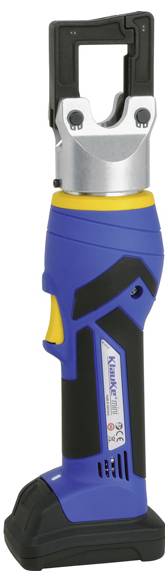 Ein blau-schwarzer elektrischer hydraulischer Crimpwerkzeug mit gelber Akzentuierung, verwendet zum Crimpen von Kabeln, mit robustem Handgriff.