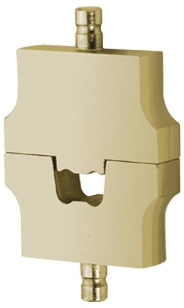 Eine beige, rechteckige Klemme mit zwei ineinandergreifenden Teilen, die jeweils zylindrische Stifte oben und unten aufweisen; verwendet zum Sichern von Objekten.