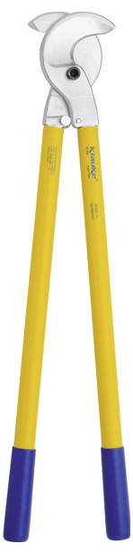 Ein Paar Bolzenschneider mit langem Griff, gelben Griffen und blauen Griffauflagen, mit einem silbernen Schneidkopf.