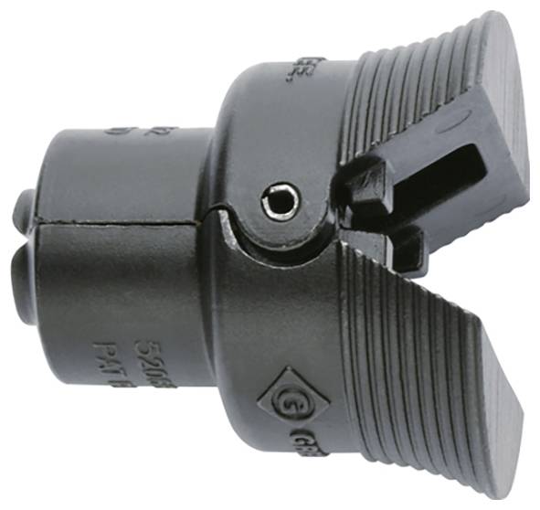 Ein schwarzes, zylindrisches Werkzeug mit zwei abgewinkelten, gerillten Backen, das zum Greifen oder Befestigen von Objekten dient und aus einer Seitenansicht dargestellt wird.