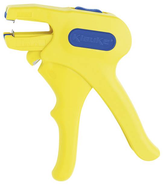 Ein gelber Abisolierwerkzeug mit blauem Griff, entwickelt zum Abisolieren von elektrischen Leitungen. Der Markenname ist an seiner Seite sichtbar.