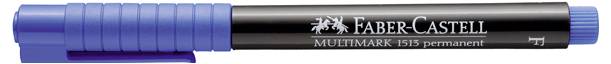 Ein blauer Faber-Castell Multimark 1515 Permanentmarker liegt horizontal, wobei das Logo und die Beschriftung auf einem schwarzen Körper mit blauer Kappe zu sehen sind.