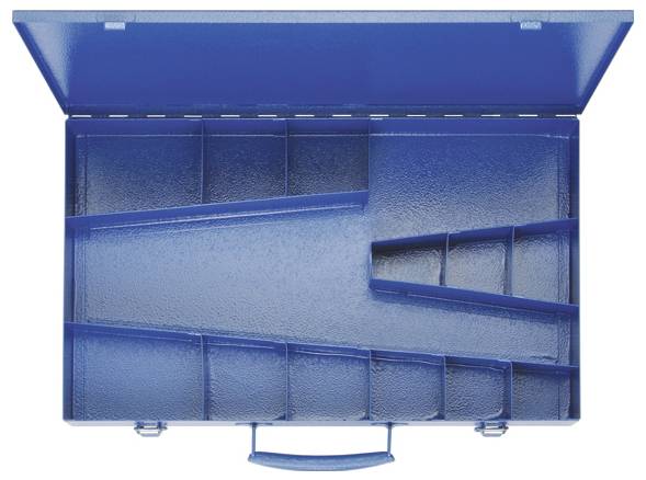 Eine blaue Metallwerkzeugkiste mit geöffnetem Deckel, die mehrere Fächer unterschiedlicher Größen zur Organisation von Werkzeugen und kleinen Teilen freilegt.