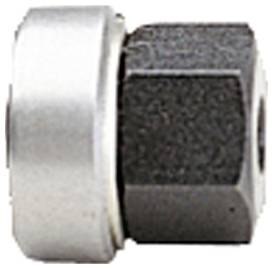 Eine Nahaufnahme einer metallischen Sechskantmutter mit einer glatten Außenkante, die ihre strukturierte Oberfläche und einheitliche Form zeigt.