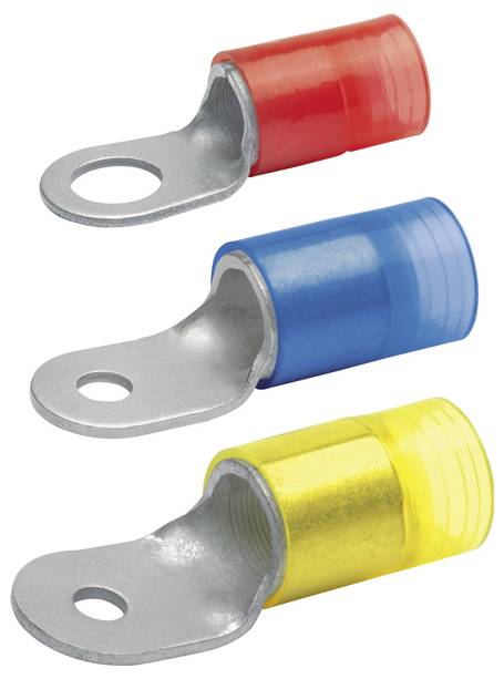 Drei isolierte Ringkabelschuhe: rot, blau und gelb, jeweils mit einer Metallschlaufe für elektrische Verbindungen.
