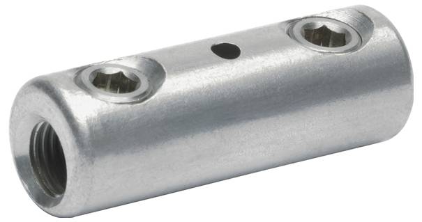 Metallische zylindrische Kupplungsmutter mit abgeschrägten Enden und zwei Innensechskantschrauben oben, verwendet zum Verbinden von Gewindestangen.